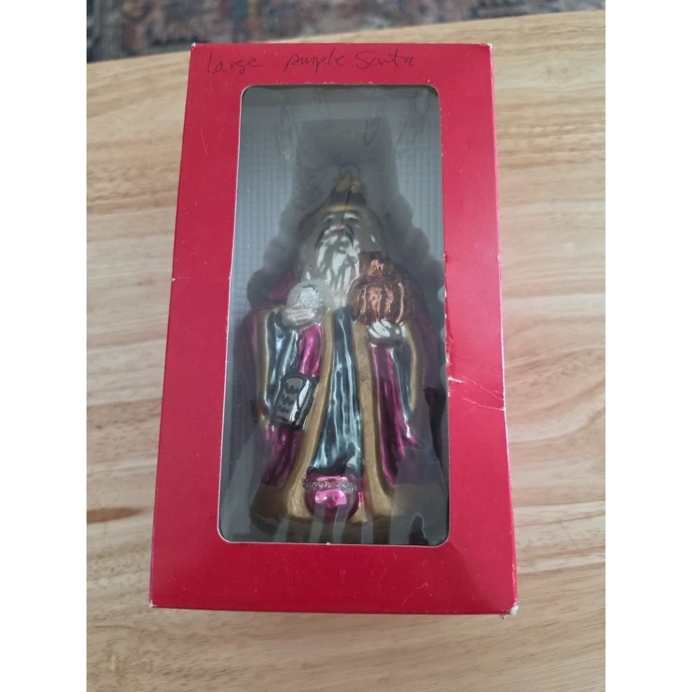 Blown Glass Confucius Santa Ornament: Purple and Gold Wizard Holiday Tree